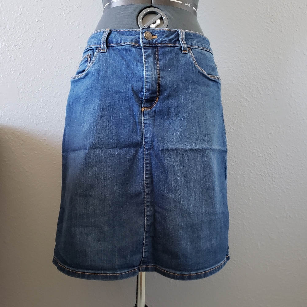 Stretch knee length denim skirt